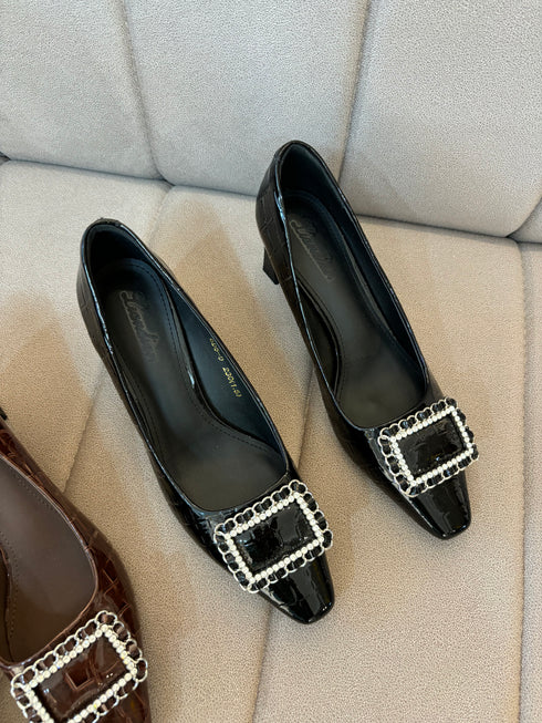 Women Crocodile Print Square Buckle Pump Heel